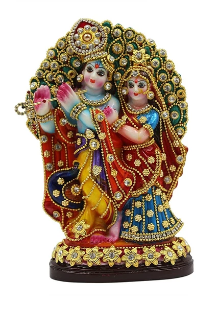 Resina Hecho a Mano Scupluture De Radha Krishna Mayure Con Completo Decoración