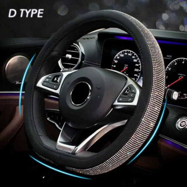 38CM Non-Slip D Shape Silver Bling Diamond With Leather Car Steering Wheel Cover