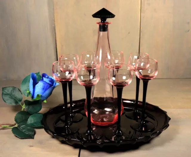 Antique Czech Liquor Decanter Set Tray Amethyst Pink Depression Glass Art Deco