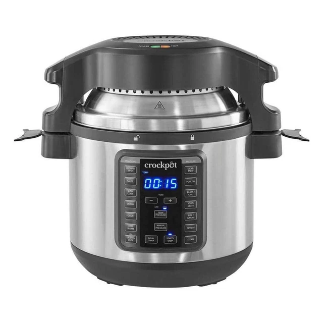 Crock-Pot Slow Cooker 8Qt+1500W+One-Touch Setting+Removeable Crisping Lid Silver