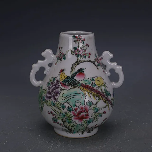 Chinese Famille Rose Porcelain Qing Peacock Flowers Pattern Vase 6.3 inch 居仁堂