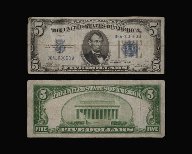 1934-A $5 MULE Silver Certificate Blue Seal Note Fr 1651m micro BP#826