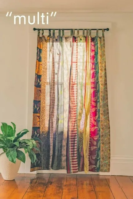 2 Pc Indian Vintage Sari Patchwork Curtain Drape Window Decor Silk Multi Curtain