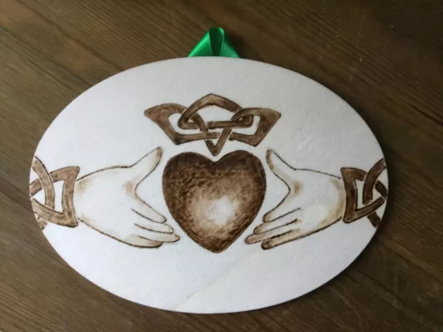 Claddagh Irish Love Declaration Decor Handmade Wood Plaque Pyrography Small OOAK