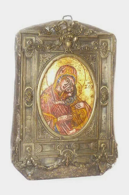 Madonna Ikone russische Holzikone Icon Heiligenbild Holz Heilige Maria Jesu Gold