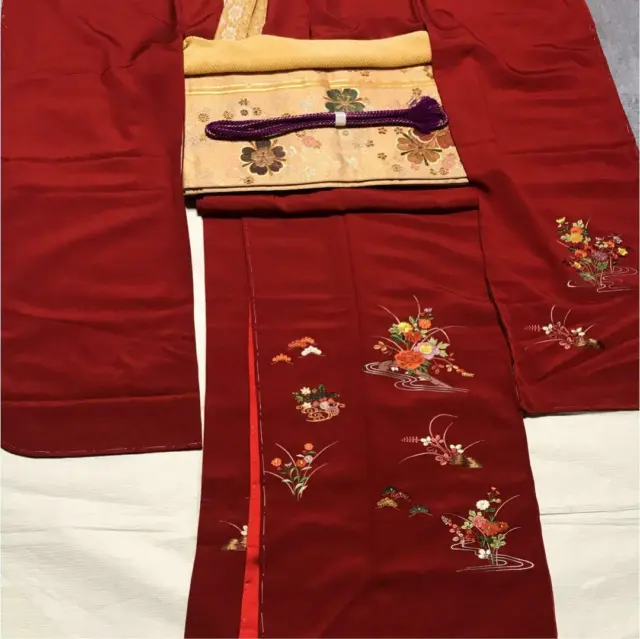 Silk KIMONO 5-piece set H 167 cm red Japanese FURISODE long sleeves #16