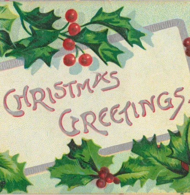 Vintage c.1900s Christmas Greetings Embossed Postcard Holly & Berries Germany