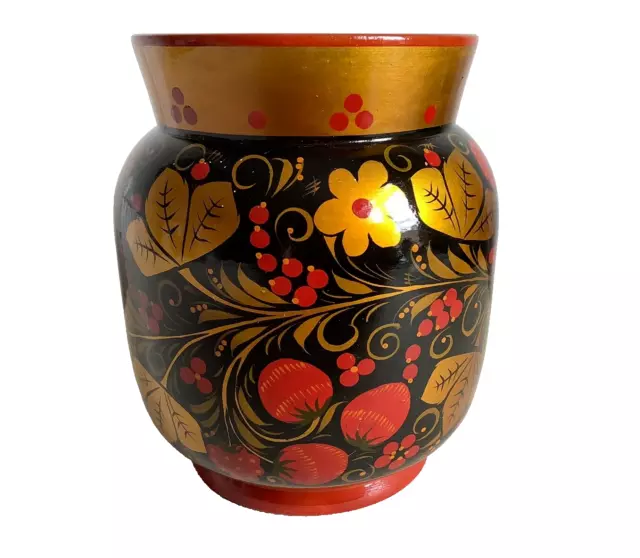 Russian Khokhloma Hand Painted Wooden Folk Art 6" Lacquered Vase Fruits & Leaves
