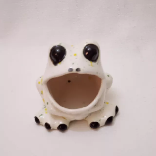 Vintage 80's Ceramic Big Mouth Frog Scrub Sponge Holder Green Yellow Spots  5