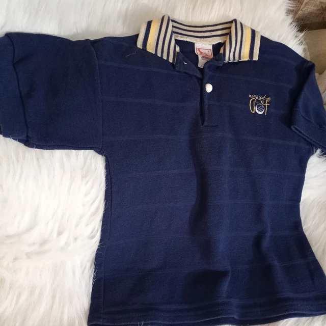 VTG Buster Brown Boys Size 4 Golf Polo-Blue-Multi Color Collar-Golf Ball Buttons
