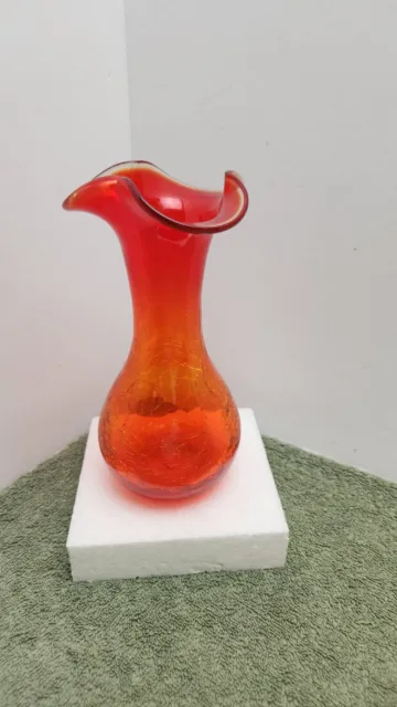 Amberina Crackle Glass Vase Ruffle Rim 7" High Orange Vintage