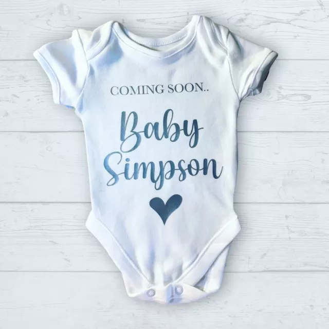Personalised Custom Baby Name Vest Heart Baby Grow Bodysuit Reveal Announcement