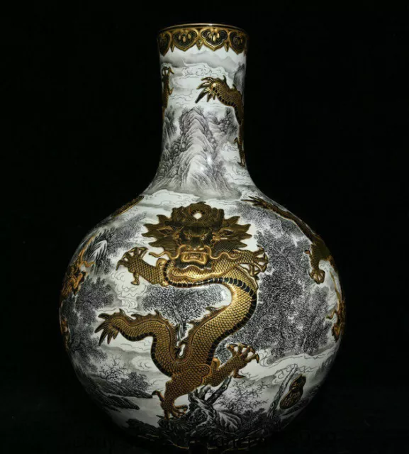 19.2 "Yongzheng Markierte Grisaille Malerei Drachenlandschaft Flaschenvase