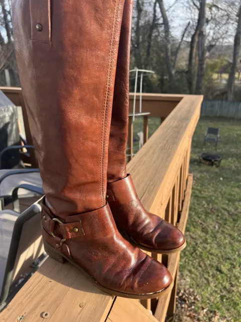 Nine West Women's Brown Leather Riding Boots Gold Metal Buckles Size 5 1/2 5.5