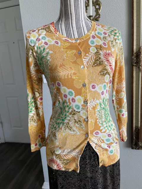 Anthropologie Charlotte Tarantola Asian Floral Silk Cotton Cardigan Yellow Small