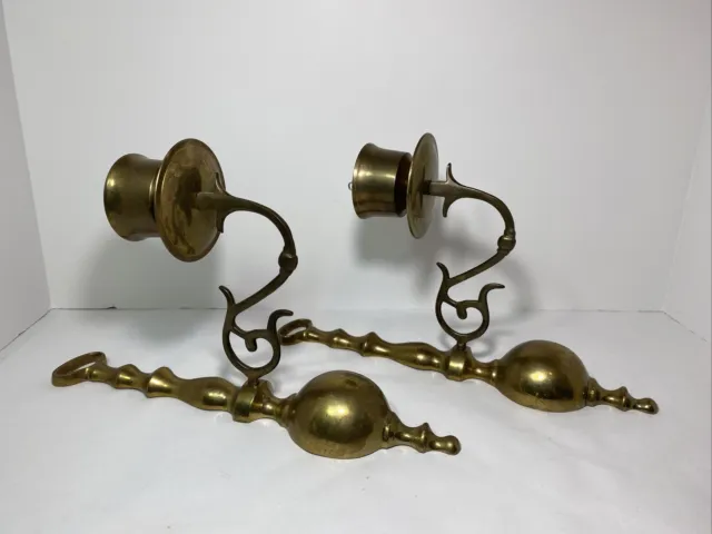 Pair Vintage Brass Oval Wall Candle Holder Sconces 12” Tall Beautiful
