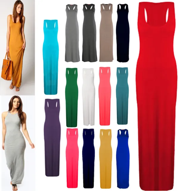 Womens Celeb Muscle Back Racer Maxi Jersey Vest Summer Long Dress Sizes 8 - 26