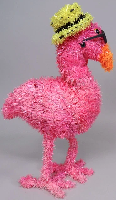 Tinsel Pink Flamingo Decoration Figurine Hat Sunglasses Posable Legs In Outdoors