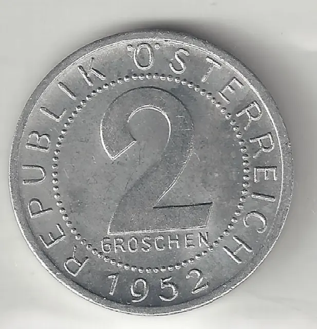 Austria,  1952,  2 Groschen,  Aluminum,  Choice Brilliant Uncirculated,  Km2876