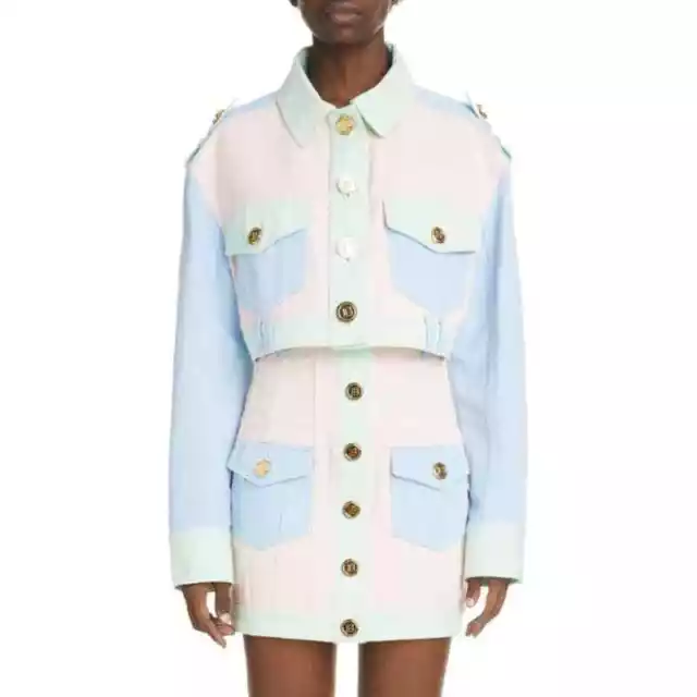 NWOT Balmain Long Sleeve Cropped Denim Jacket&Mini Skirt Set Pastel Women's US 0 2