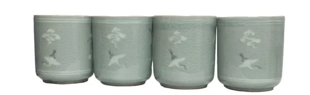 Korean Celadon Tea cups Green Crackle glaze Flying Crane and Cloud Inlaid
