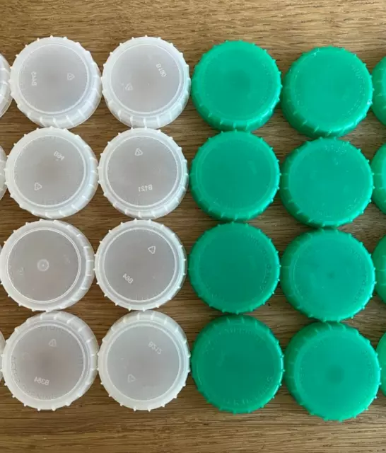 16 White / Green Plastic Milk Carton Bottle Tops Caps, Arts Crafts Hobby Recycle