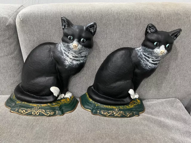 Vintage Cast Iron Pair of Painted Black Cat Door Stops