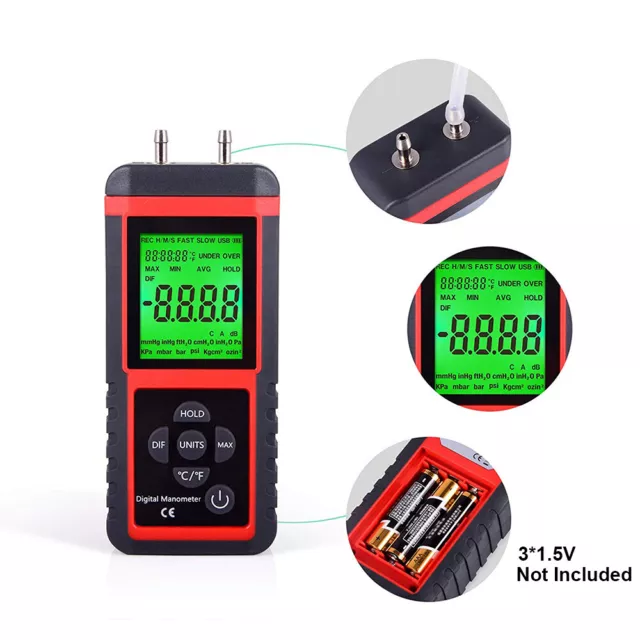 Digital Manometer Gas Air Pressure Tester Micro Differential ±20.68 kPa 12 Units