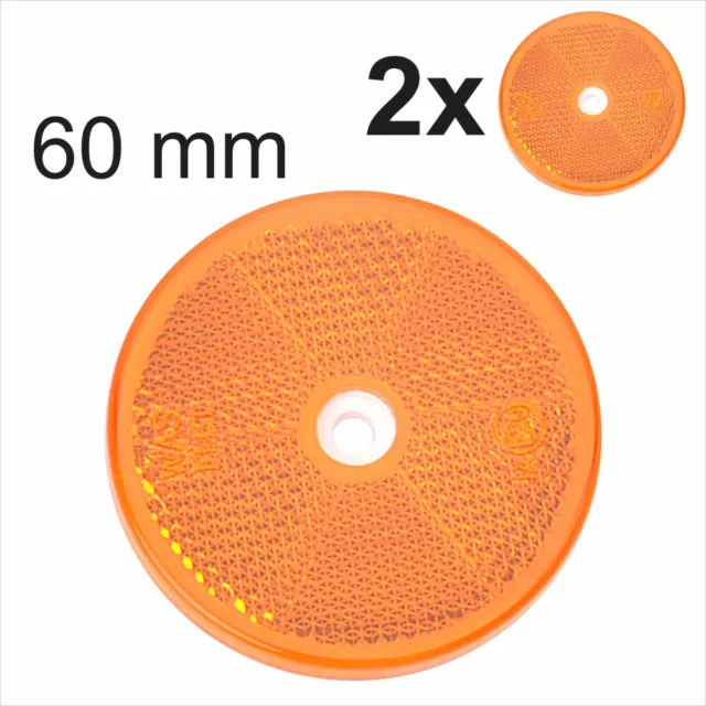 2x 60mm E-Approved Amber Orange Round Circular screw Trailer Caravan Reflectors