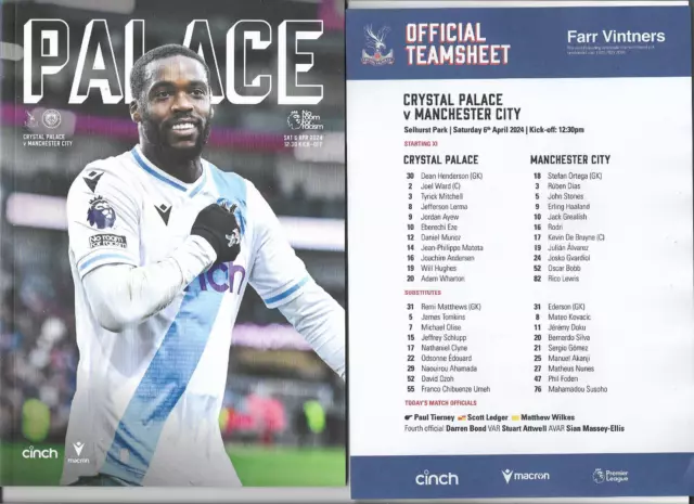 2023-2024 Premier League - CRYSTAL PALACE v. MANCHESTER CITY + teamsheet