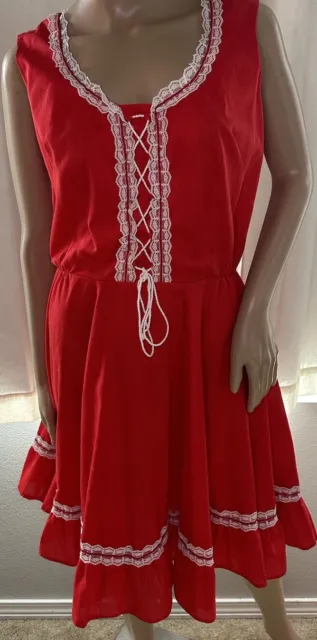 Vintage Jeri Bee Red Square Dance Dress W/ Lace & Tie Sz 14 USA Made Rockabilly