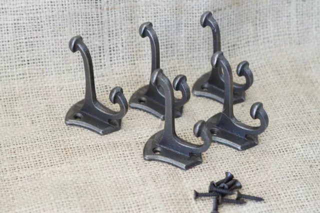 5 PCS Cast Iron Vintage Style Coat Hooks Hat Hook Rack Hall Tree Forged Silver