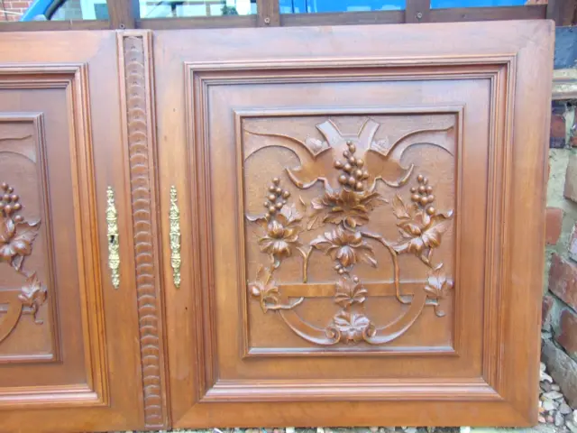Pair antique French wood carved architectural door panels grapevine in relief 3
