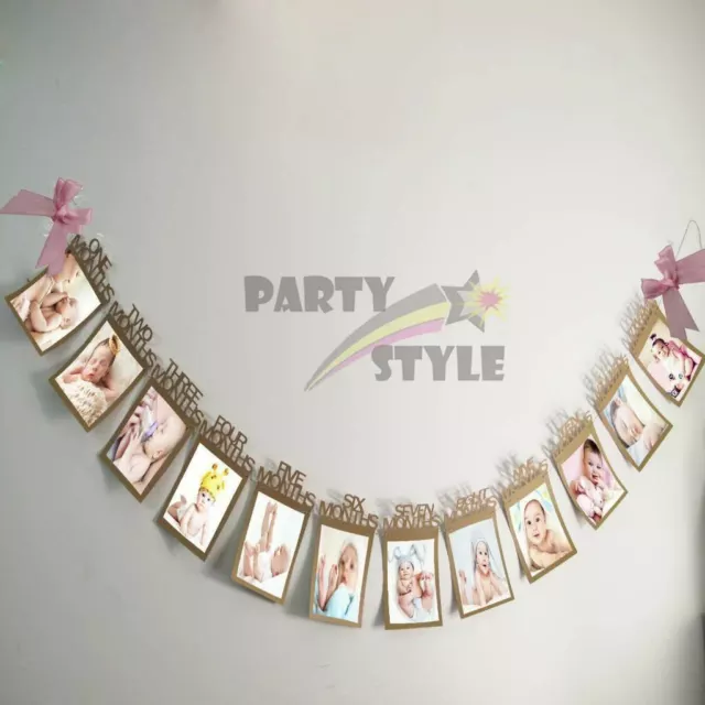 Baby 1st Year Birthday Party 1-12 Months Photo Banner Frame Shower w/ Pink Bow 2