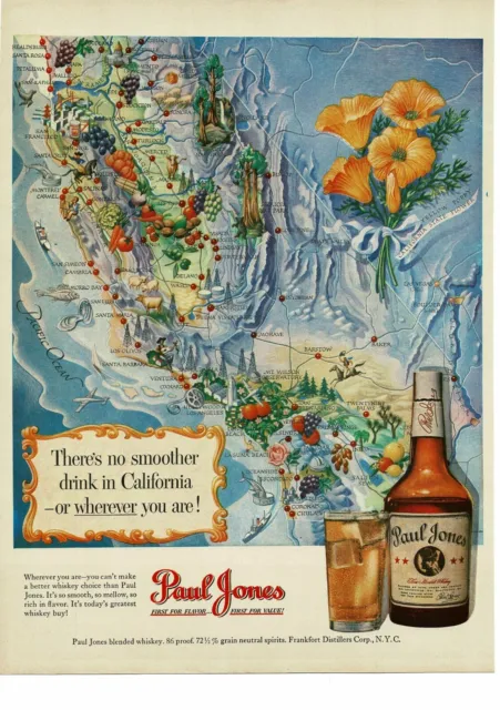 1950 PAUL JONES Whiskey California Map art Vintage Ad