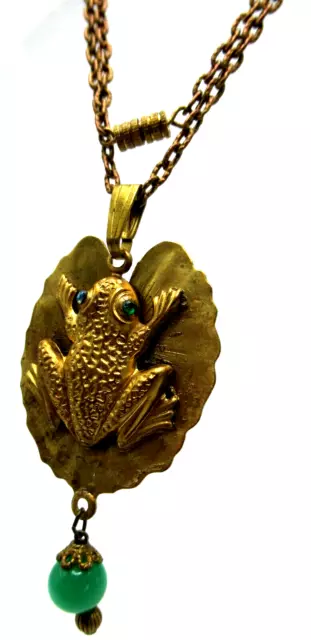 Stunning Art Deco Green Eyed Frog On A Lily Pad Necklace