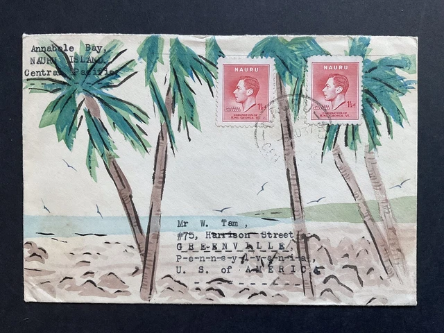 Postal History - Nauru 1937 Hand Painted Envelope To USA .
