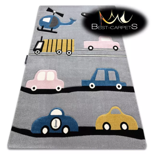 MODERN KIDS ROOM RUG Toys "PETIT" Cars grey blue CHEAP Best-Carpets for children