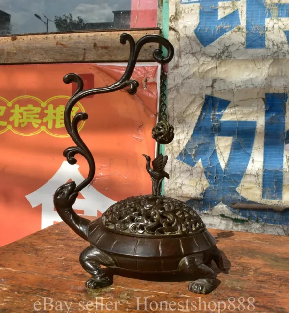 12.8" Old Chinese Pure Bronze Dynasty Turtle Hanging furnace incense burner