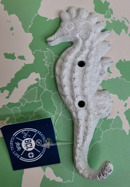 White Cast Iron Seahorse Wall Hook 5"