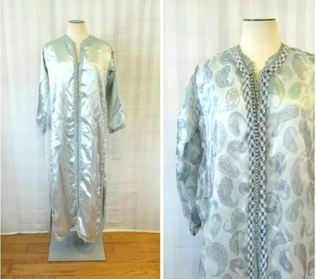 Vintage Caftan 1960s Light Blue Silver Winter Robe Ethnic Long Kaftan 40 L XL