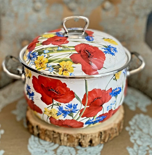 LOVELY CROFTON POPPY 4QT.Floral Porcelain Enamel Casserole/Stock Pot