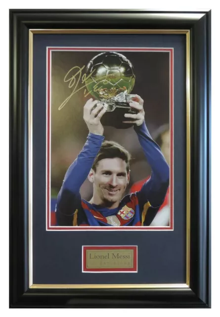 Leo Messi Signed Framed Photo FC Barcelona Golden Ball Soccer Memorabilia