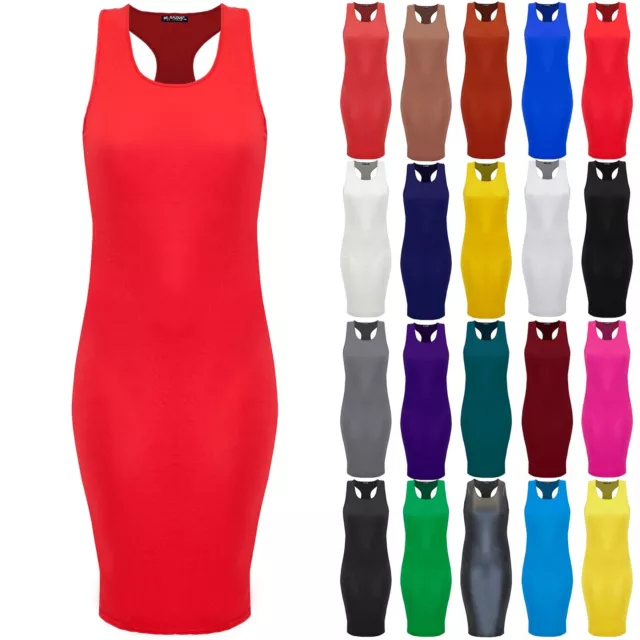 Plus Size Ladies Womens Plain Long Stretchy Vest Racer Muscle Back Midi Dress