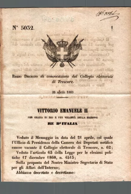 Regio Decreto Bergamo 1869 Trescore convocazione Collegio Elettorale