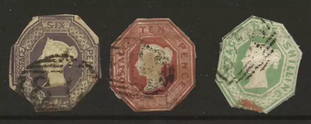 GB 1847-54 QV 6d 10d and 1s Embossed Set Cut to Shape - Faults