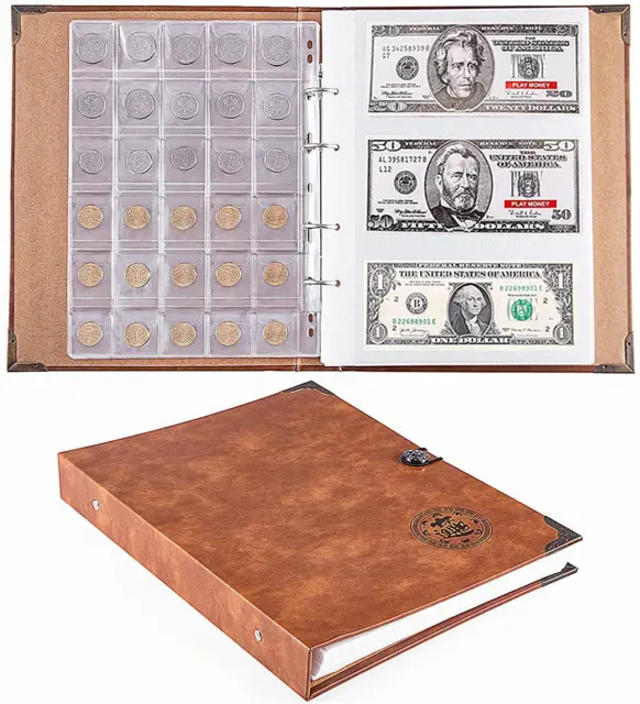 Leather 150 Pocket Coin Collecting Holder Album, 240 Pocket Paper Money Currency