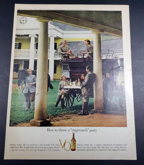 1962 Seagrams V.O. Whiskey Stagecoach Party Horse Carriage Print Ad