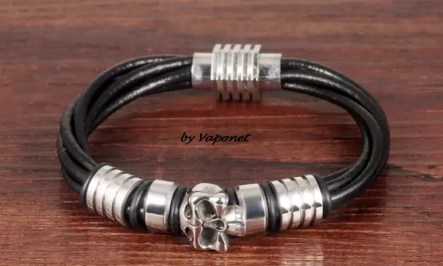 Bracelet homme motard cuir noir crâne argent acier inoxydable bracelet gothique 2