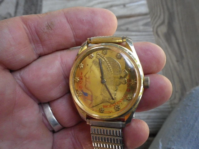 Bicentennial Watch Gold Coin Facsimile Dial Swiss Mvt. Hong Kong Dial